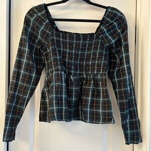 Old Navy Blue Plaid Smocked Blouse